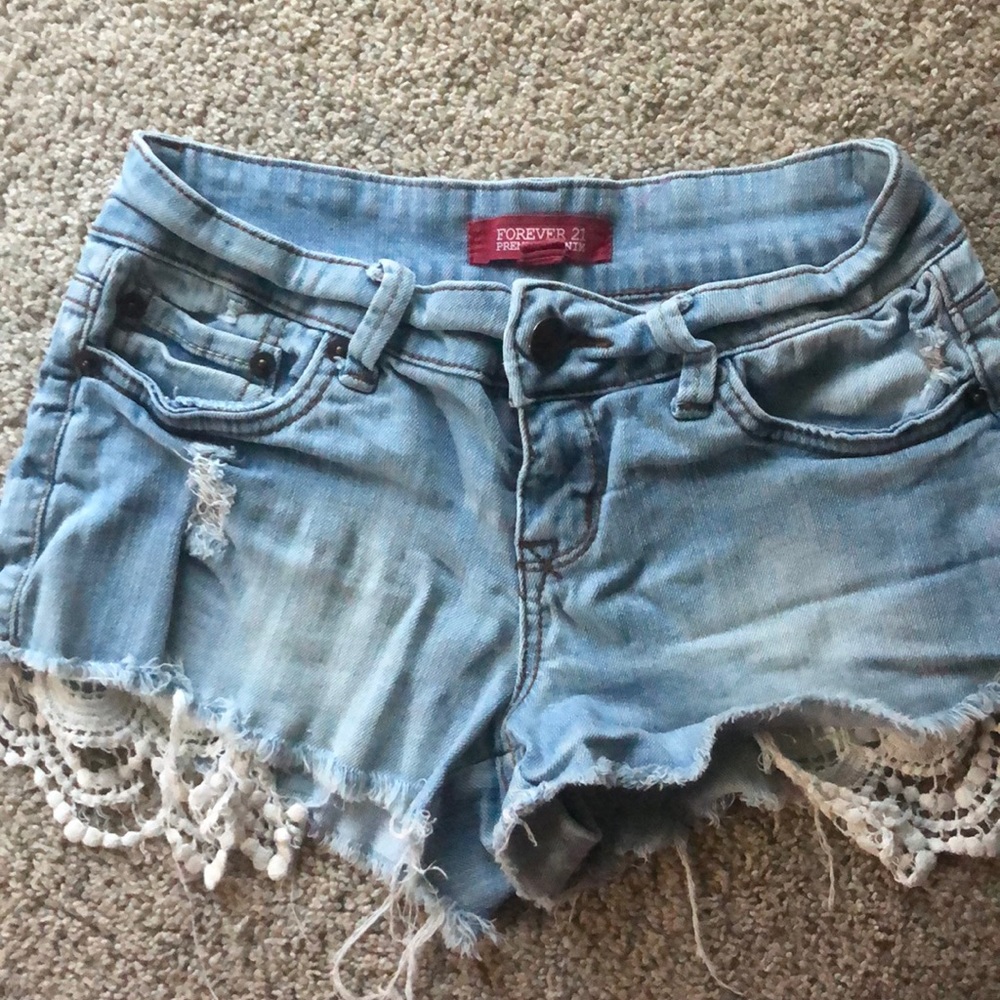 Forever 21 Premium Denim Distressed Lace Shorts